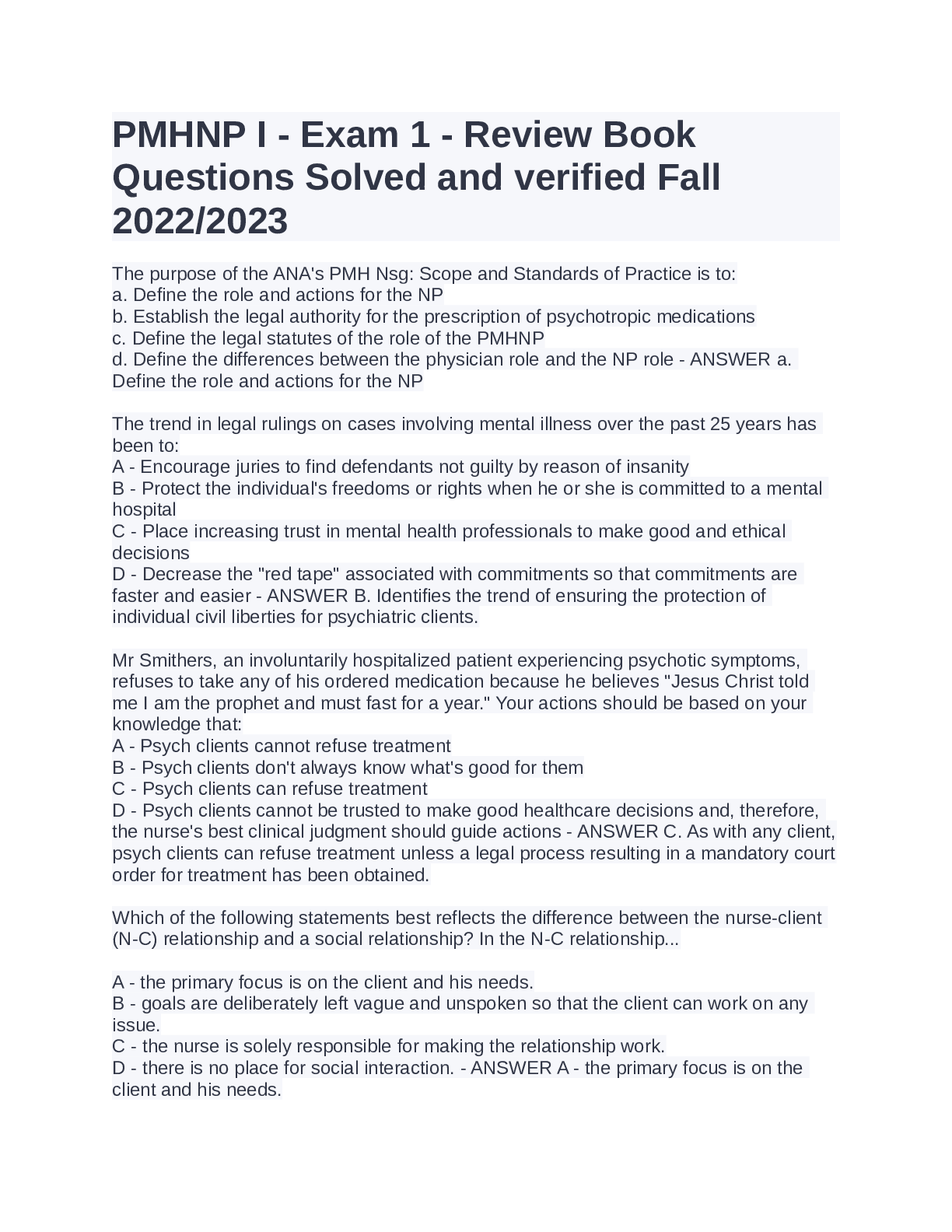 PMHNP Exam TEST BANK | 200 QUESTIONS AND ANSWERS